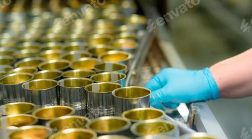 Preview: Selective focus on canned fish factory. Food industry. Food processing production line. Food