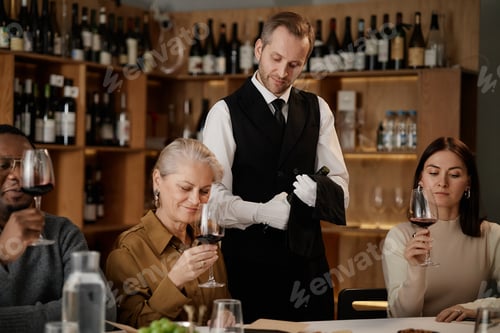Preview: Diverse Group of Adults Tasting Red Wine with Sommelier in Wine Cellar