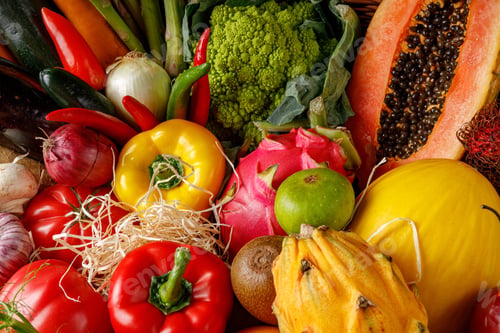 Preview: A Rich and Abundant Collection of Fresh Vegetables Nestled Together with Fresh Fruits