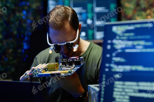 Preview: Young military officer or repairman checking details of processor