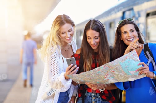 Preview: Group of girl friends tourists on railway platform