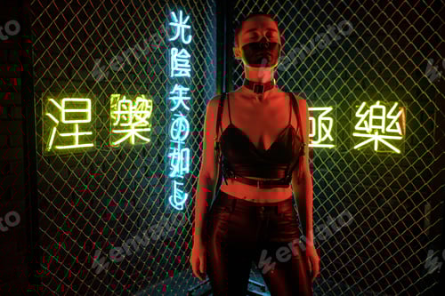 Preview: Young beautiful cyberpunk woman in black leather tanktop and pants