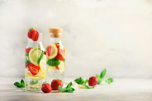 Preview: Citrus and strawberry lemonade with mint, lemon on grey background. Detox drink. Summer fruit
