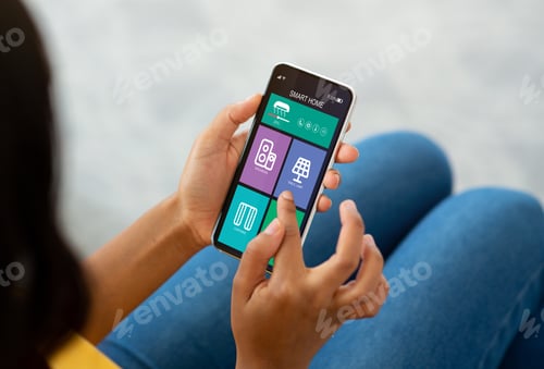 Preview: Smart home technology interface on screen of phone app with augmented reality