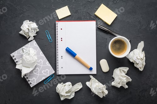 Preview: Crumpled wads, sheet of white paper, coffee and idea, brainstorming concept