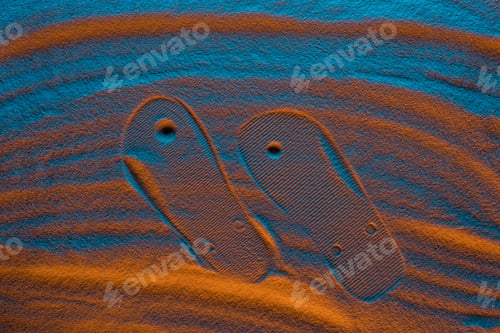 Preview: top view of flip flops mark on textured sand with color filter