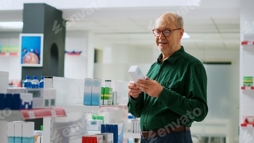 Preview: Smiling elderly person checking package of cardiology pills