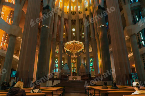 Preview: Gaudi Masterpiece Sagrada Familia Basilica.UNESCO World Heritage.View of interior,Impressive facade