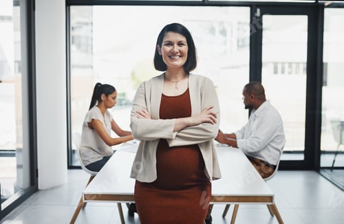Preview: Portrait of a confident pregnant businesswoman having a team meeting in a modern office
