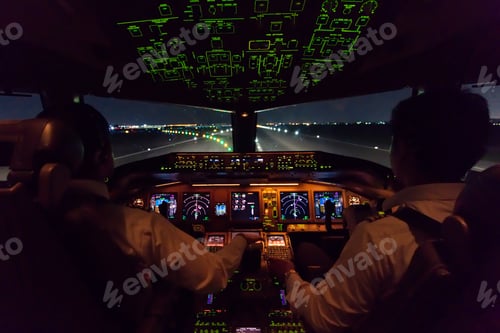 Preview: Inside cockpit of commercial airplane after just landed on the runway. Modern aviation concept.