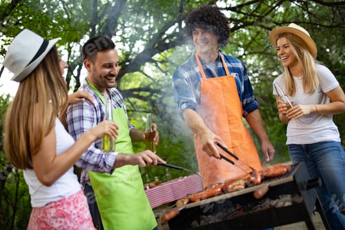 Preview: Group of happy friends having outdoor barbecue party and fun together
