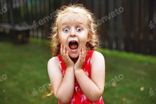 Preview: Portrait of a happy surprised cute little girl in a field in the red dress