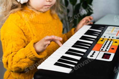 Preview: Young Child Playing Keyboard at Home Indoors