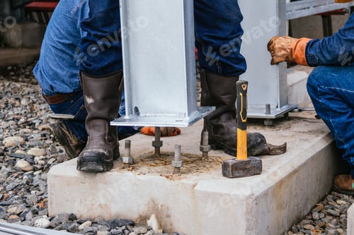 Preview: Shot of men working on a pillar foundation - industrial concept