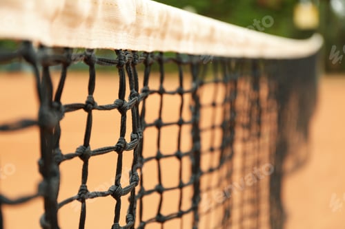 Preview: Clay tennis court with net, close up