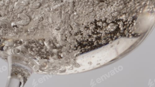 Preview: Sparkling wine fizzing glass closeup. Golden champagne bubbling in wineglass