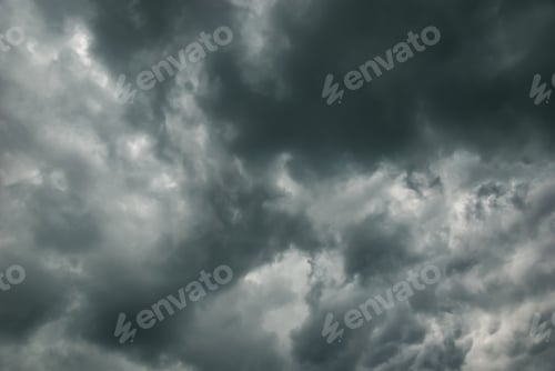 Preview: Thunderclouds in stormy sky, dark gray cloudscape before rain