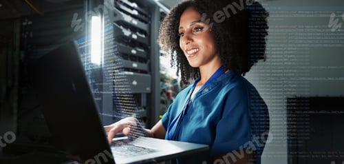 Preview: Laptop, server room and woman programming software to update system network overlay. Technology, da