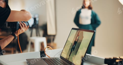 Preview: Laptop screen, photoshoot and editing in studio for creative, digital art or magazine project. Tech