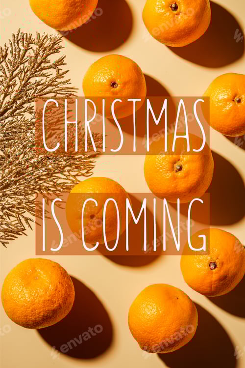 Preview: Flat lay with wholesome mandarins and decorative golden twig on beige background with"christmas is