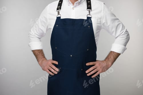 Preview: Man wearing kitchen apron on grey background, closeup. Mockup for design