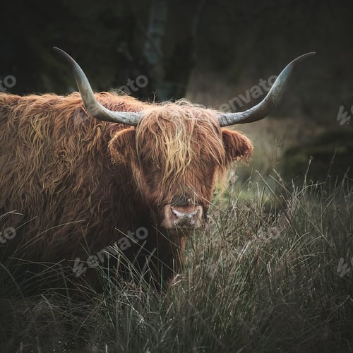 Preview: Closeup of a highland cow with big horns looking at the camera in Scotland