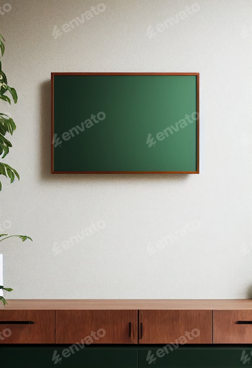 Preview: Mock up poster frame in modern interior background, elegant wood accessories. Design home decor. Boh