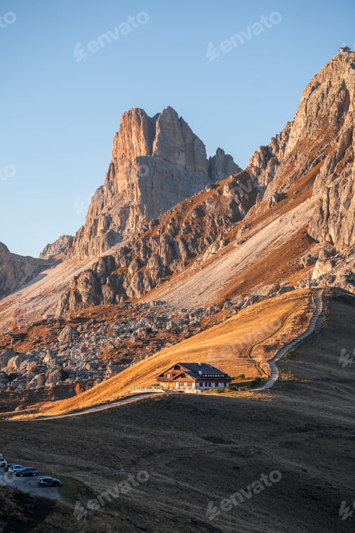 Preview: Sunset photo of mountain Nuvolau Averau, Passo Giau in Dolomites, Italy