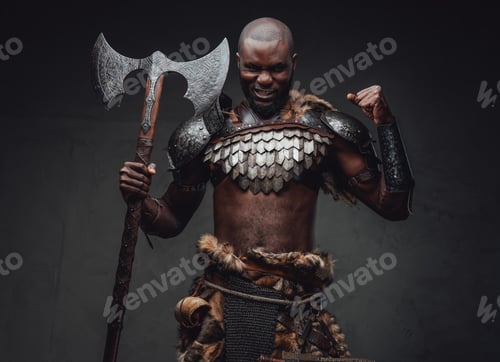 Preview: Rabid african warrior in steel armor and fur wielding an axe in studio