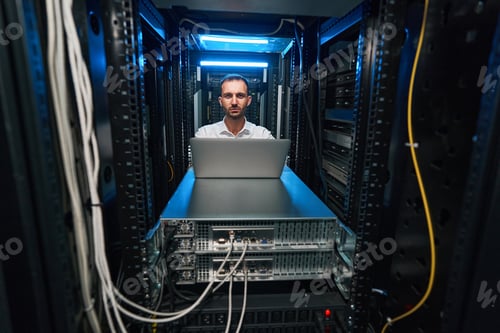Preview: Data center server administrator checking equipment functionalities