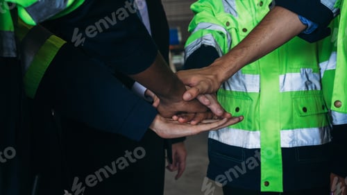 Preview: Team engineers and foreman stack hand and shake hands to show success at factory machines.