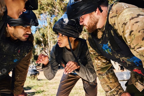 Preview: Mission, paintball or team in huddle planning strategy goals, or soldier training on war battlefiel