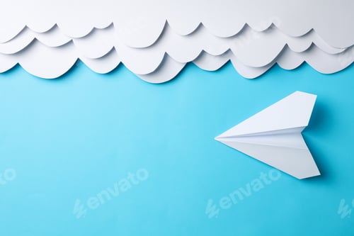 Preview: Paper clouds and plane on blue background. Travel