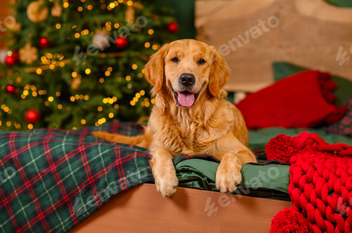 Preview: Golden retriever labrador dog in the living room on a warm cozy Christmas evening near a decorated C