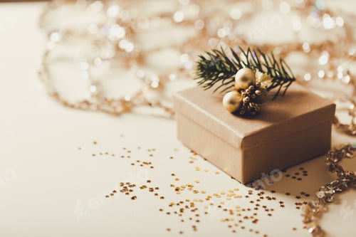 Preview: Brown gift box. Christmas present with Christmas tree. copy space