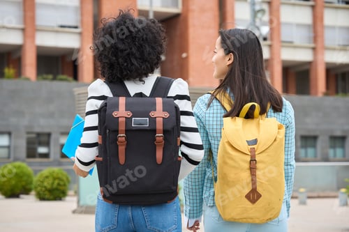 Preview: Two young students are walking down the street, each carrying a backpack