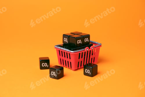 Preview: Shopping basket and cubic CO2 carbon dioxide.