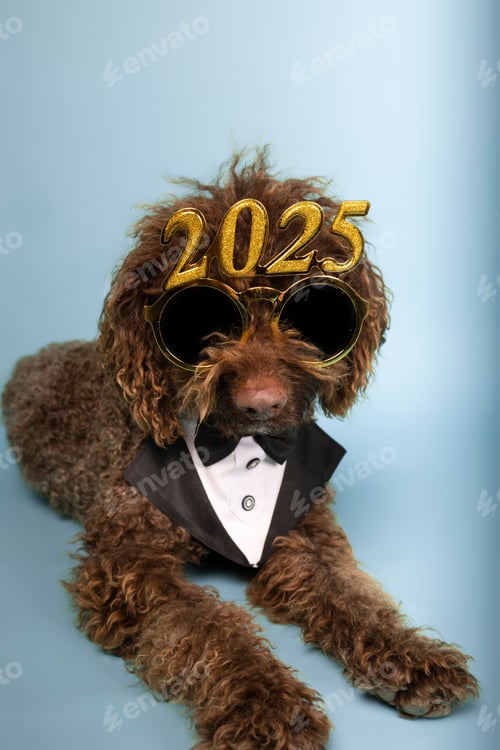 Preview: Elegant lying poodle with festive 2025 glasses