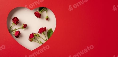 Preview: A heart-shaped cutout on red background containing arranged delicate red rose flowers