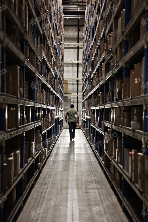Preview: Single warehouse worker in between large racks of cardboard boxes on pallets in a large distribution