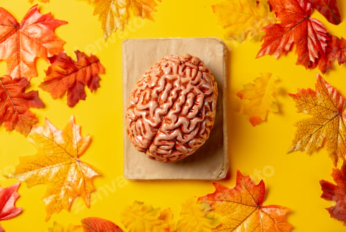 Preview: Romantic book and human brain with autumn leaves on yellow background. Top view