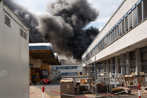 Preview: Dark smoke in the sky in daylight from the factory fire