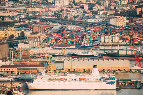 Preview: Naples, Italy. Top View Of Barge Freight Ship Tanker And Contain
