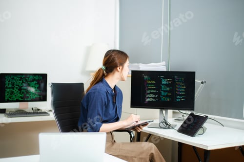 Preview: Confident female coder working on laptop with programming code on screens. Great for tech, coding,