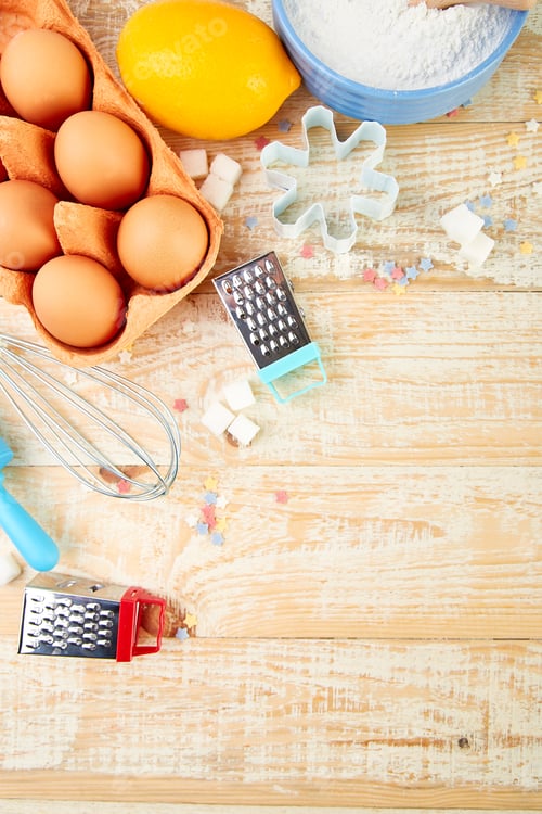 Preview: Baking or cooking ingredients. Bakery frame. Dessert ingredients and utensils.