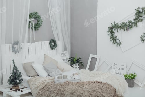 Preview: Festive Christmas Decorated Bedroom with Bed and Decorations