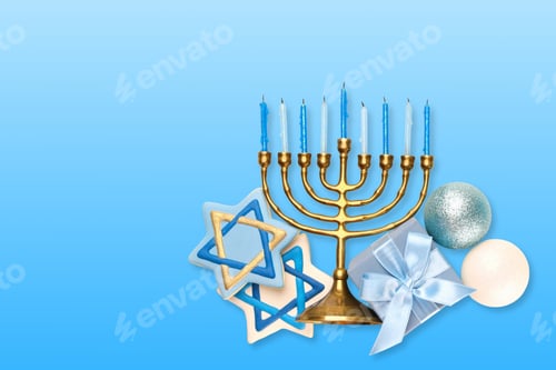 Preview: Hanukkah menorah with candles surrounded by ornaments and gifts