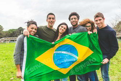 Preview: Multiethnic Group of Friends with Brazilian Flag