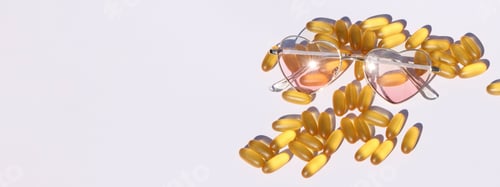 Preview: sun protection pills and sunscreen supplements, health care concept. summertime style. yellow pills