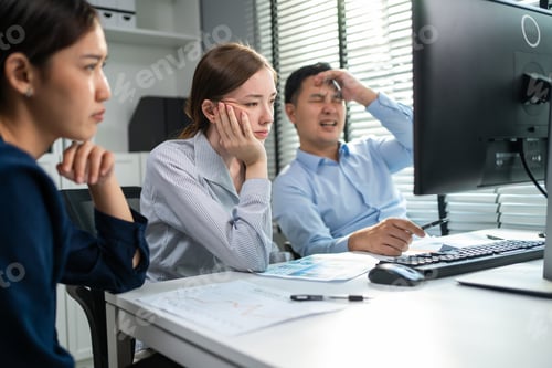 Preview: Frustrated group of young businessman and woman people work in office.